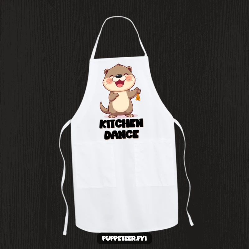 Funny Otter Puppet Dancer Apron featuring a cheerful otter joyfully making a puppet dance, a humorous gift for chefs.