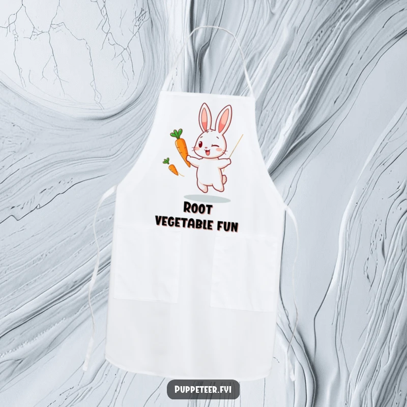 Funny apron depicting a winking rabbit puppet master making a carrot puppet dance, perfect for kitchen enthusiasts who love playful designs.