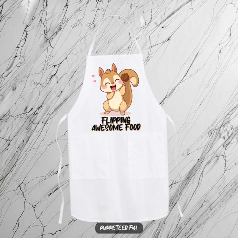 Funny apron depicting a giggling squirrel making a nut puppet perform a somersault, perfect for kitchen enthusiasts who love playful designs.