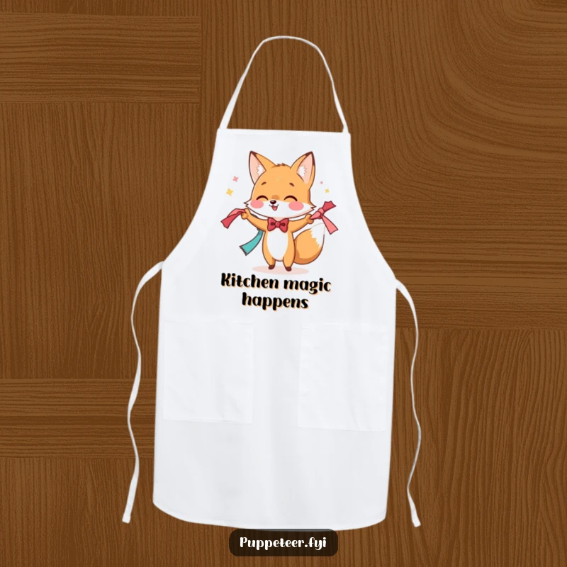 Funny apron with a bowtie-wearing fox performing a magic trick with scarves, ideal for humorous kitchen performances.