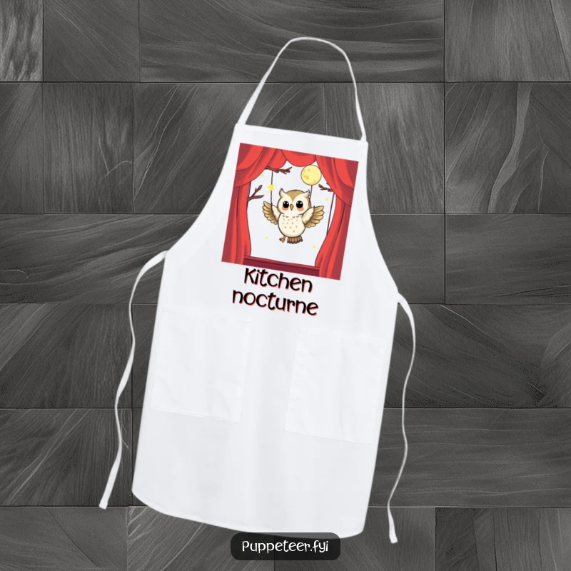 Funny apron depicting a happy owl puppet master skillfully flying a moon puppet, ideal for kitchen creatives who embrace fantasy.
