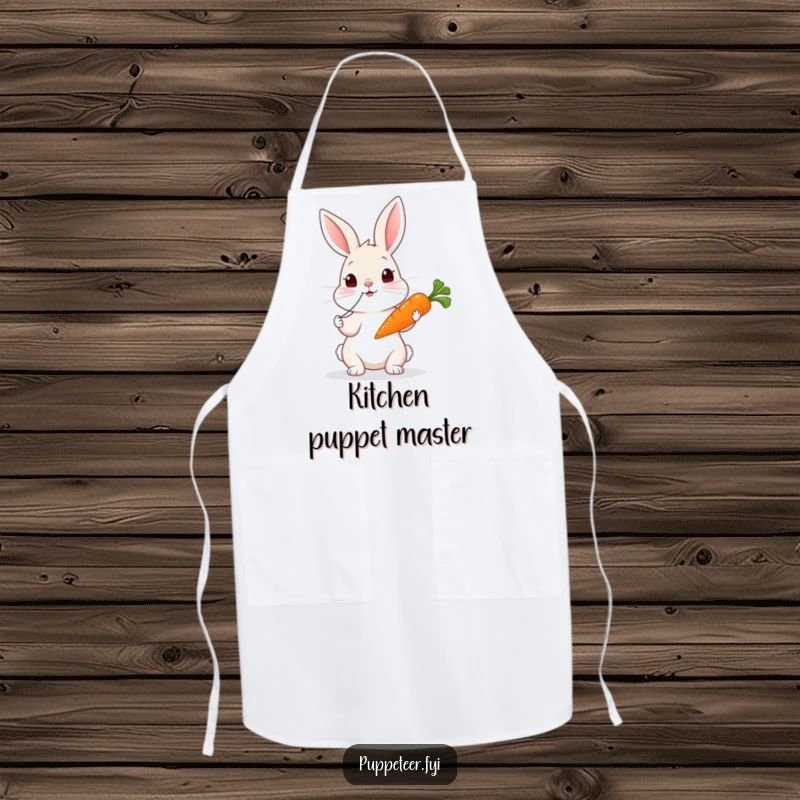 Funny rabbit apron: a curious rabbit tugs strings, making a carrot puppet wiggle during kitchen fun.