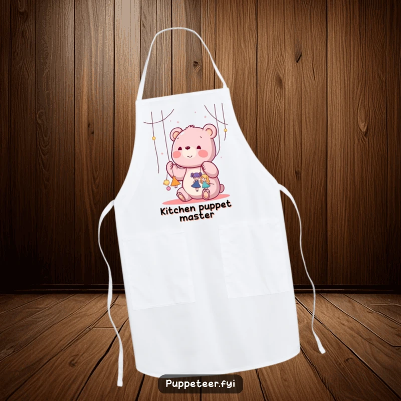 Funny kawaii bear happily manipulating strings attached to tiny dancing puppets on a cooking apron, great for a funny gift.