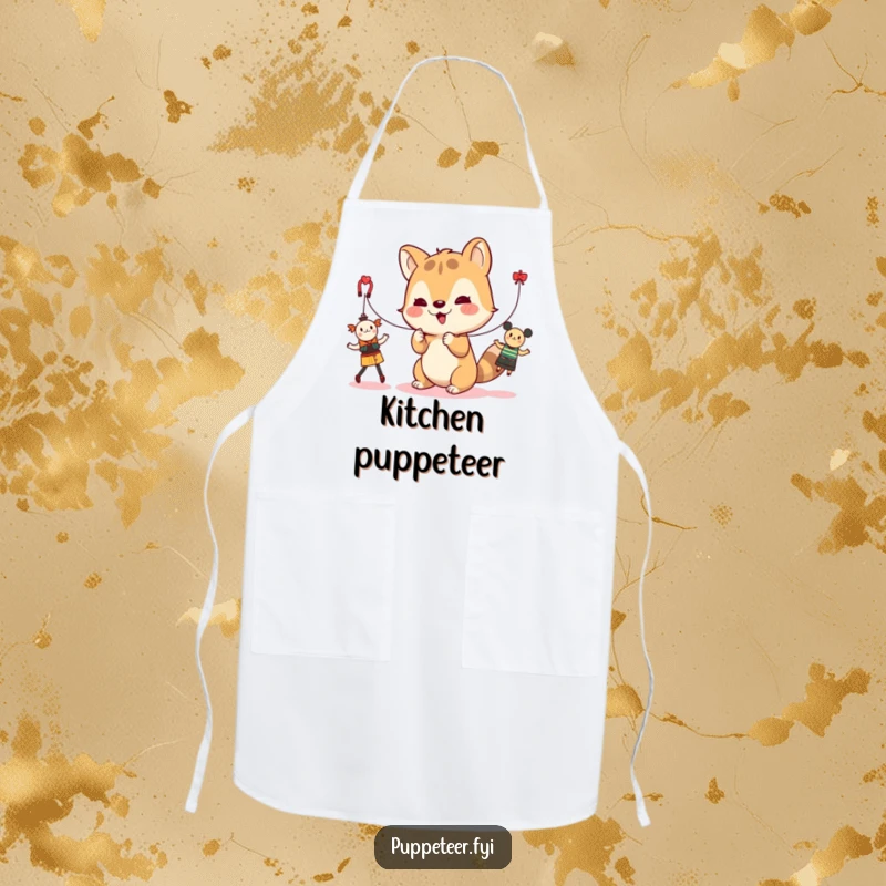 Funny apron with a cute animal character manipulating strings to make toys dance, ideal for chefs who love playful kitchen antics.