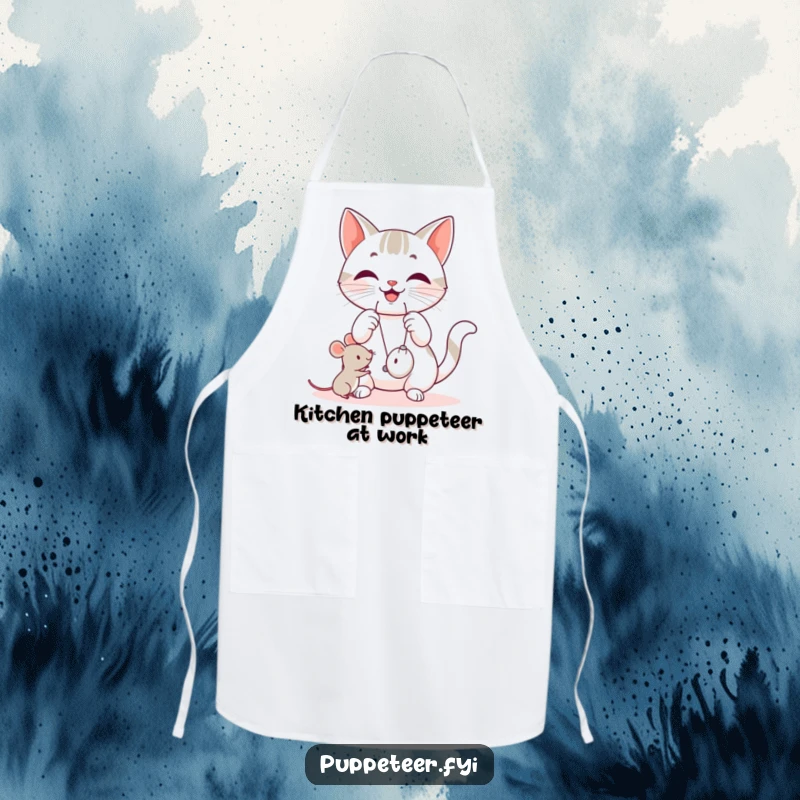 Funny cat apron showing a happy cat manipulating strings, making a small mouse toy jump, ideal for kitchen fun.