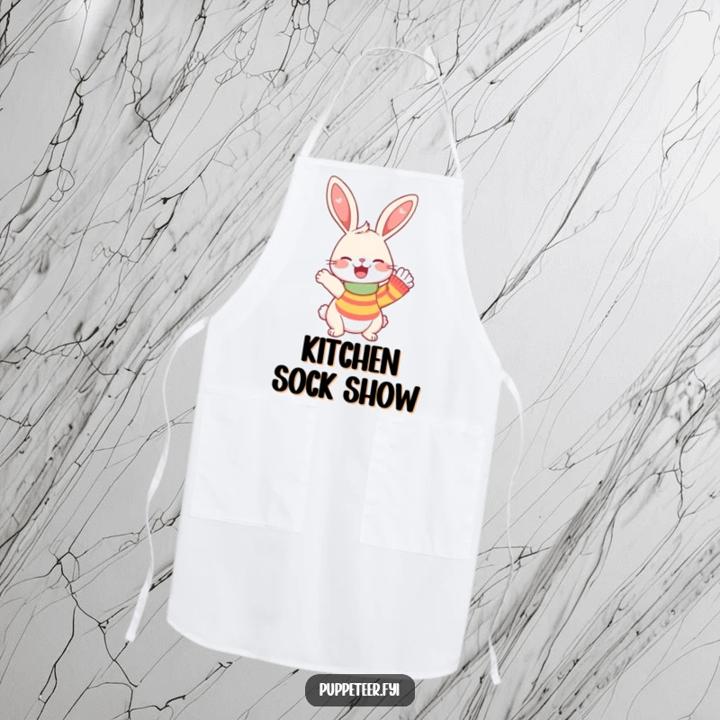 Funny Apron featuring a giggling rabbit and a sock puppet waving, adding a humorous and cheerful touch to kitchen activities.