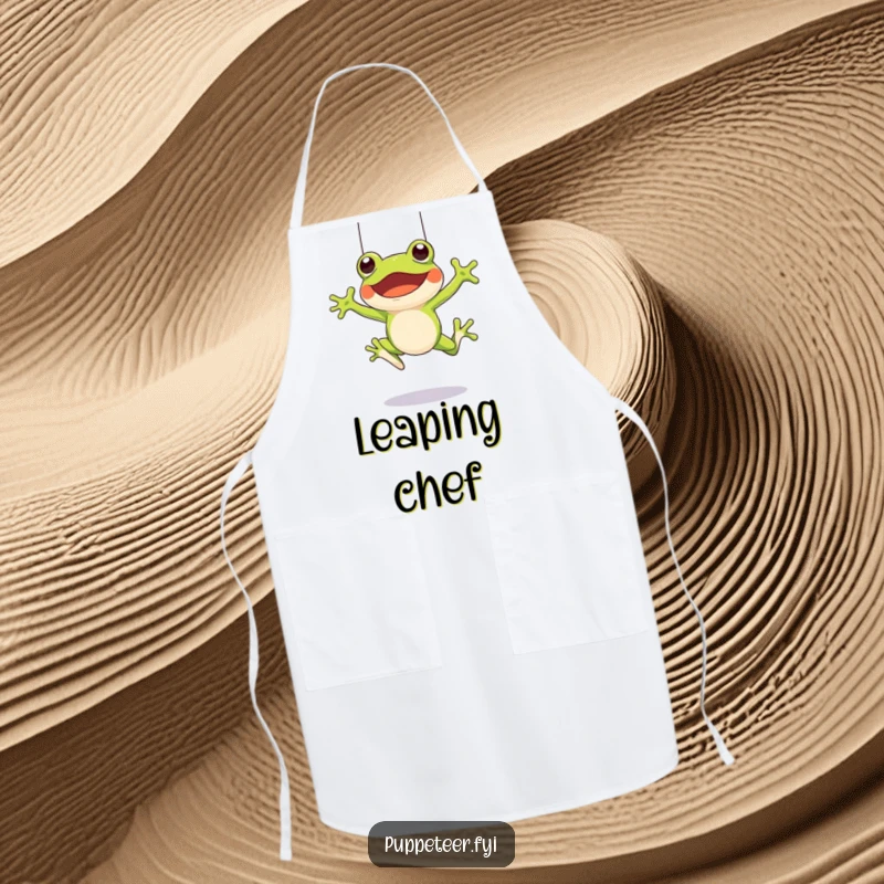 Funny apron with a cheerful frog character leaping and controlling a frog puppet with strings, ready for kitchen fun.
