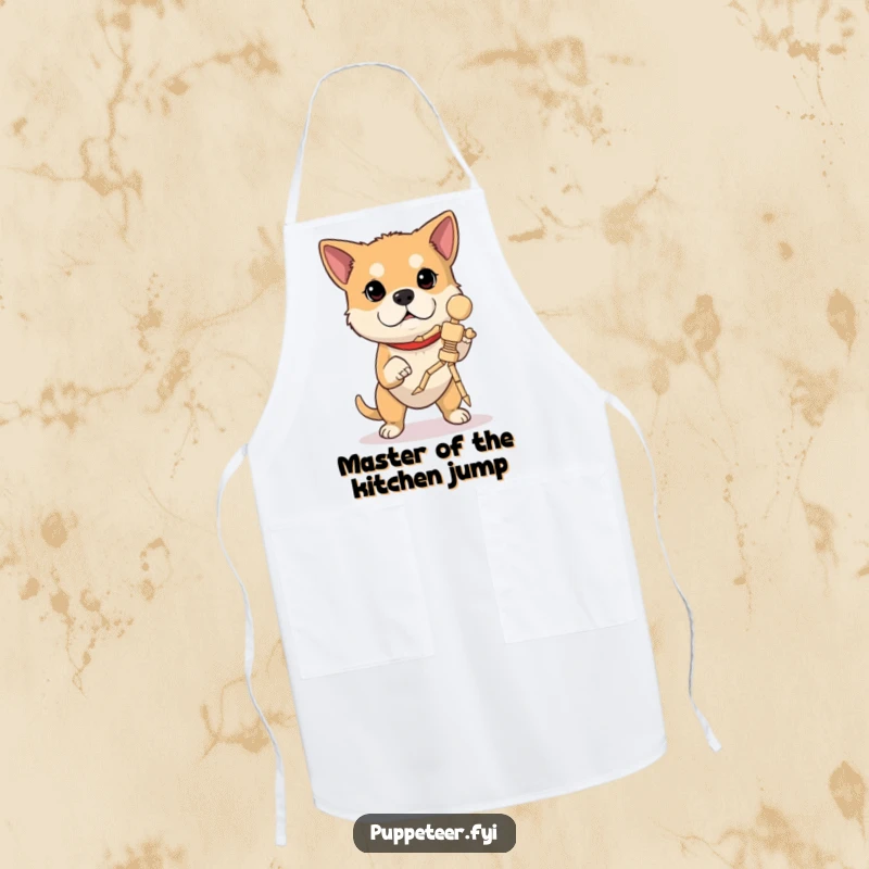 Funny dog apron with a determined dog concentrating, operating a wooden marionette in mid-jump, for humorous and skillful cooking.
