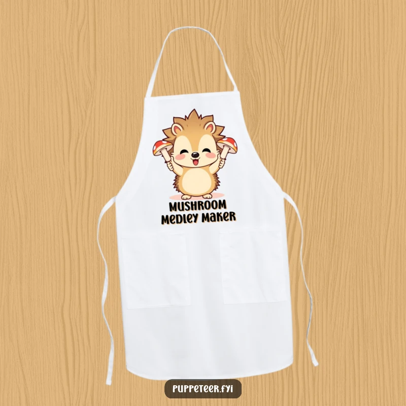 Funny apron showing a playful hedgehog controlling giggling mushroom puppets, perfect for a humorous and enchanting cooking session.