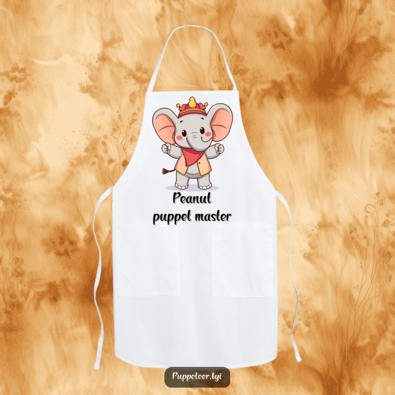 Funny apron depicting a joyful elephant puppet master guiding a peanut puppet in a proud march, ideal for cooking with a smile.