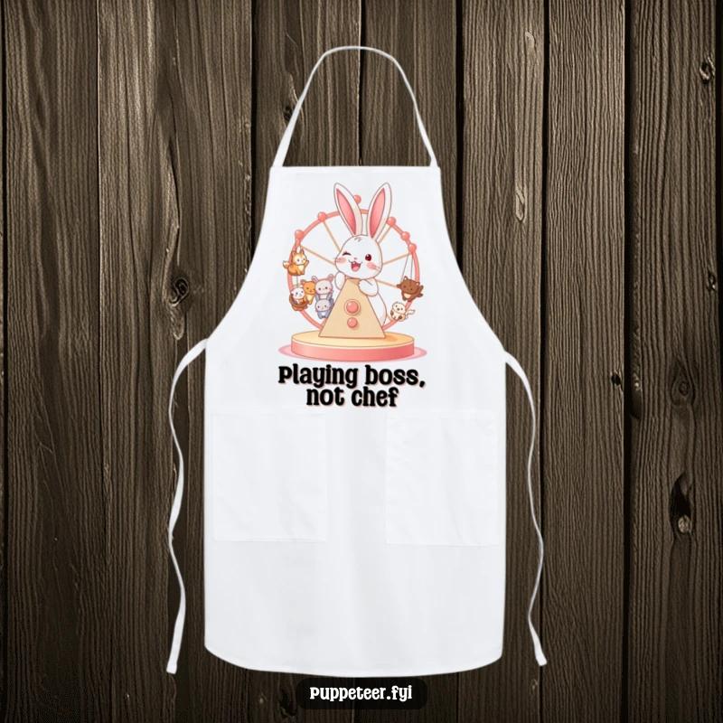 Funny apron showing a joyful bunny running a Ferris wheel with miniature animal puppets, ideal for a fun cook.