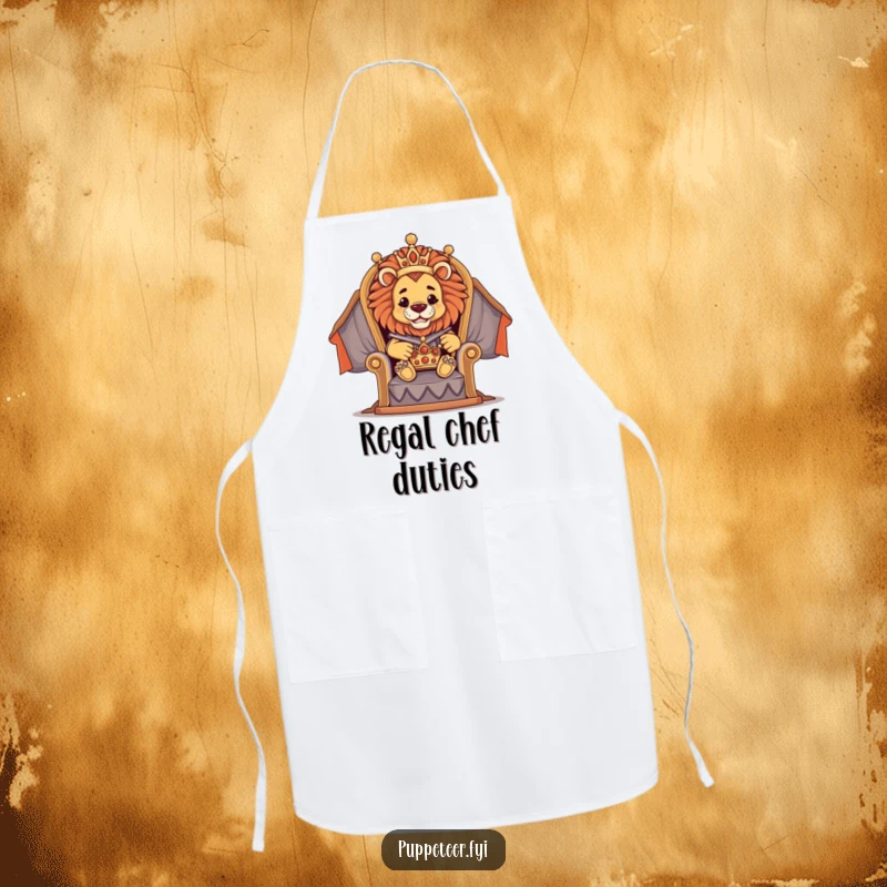 Funny apron depicting a proud lion puppet master on a throne directing a small crown puppet, ideal for kitchen monarchs.
