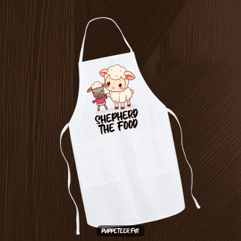 Funny apron featuring a gentle kawaii sheep guiding a puppet, ideal for cooking with care.