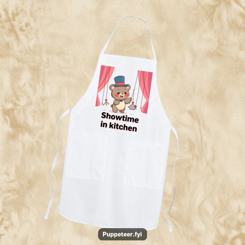 Funny apron with a happy bear cub in a top hat pulling dancing string puppets from its paws, ideal for humorous cooking shows.