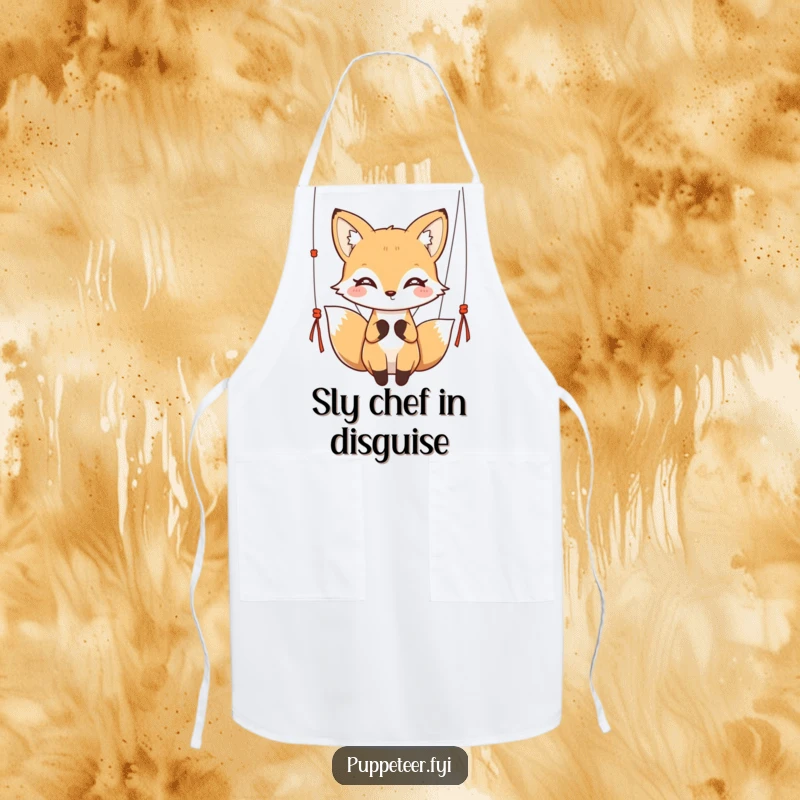 Funny kawaii fox with twinkling eyes gracefully holding puppet strings on a cooking apron, ideal for a funny gift.