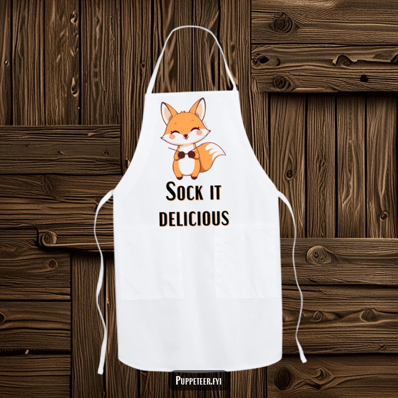 Funny apron with a happy fox character controlling a sock puppet’s wave, ideal for a humorous cook.