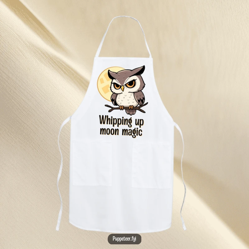 Funny Owl Apron showing a sly owl with a twinkling eye controlling the moon, ideal for a magical cooking experience.