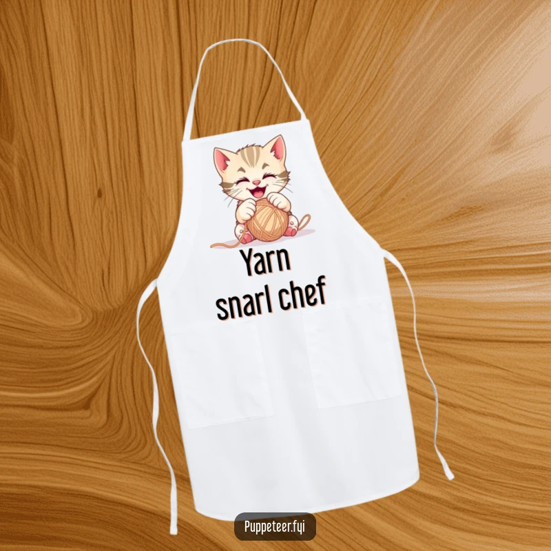 Funny mischievous kitten apron showing gleeful paws controlling a ball of yarn, perfect for kitchen playtime.