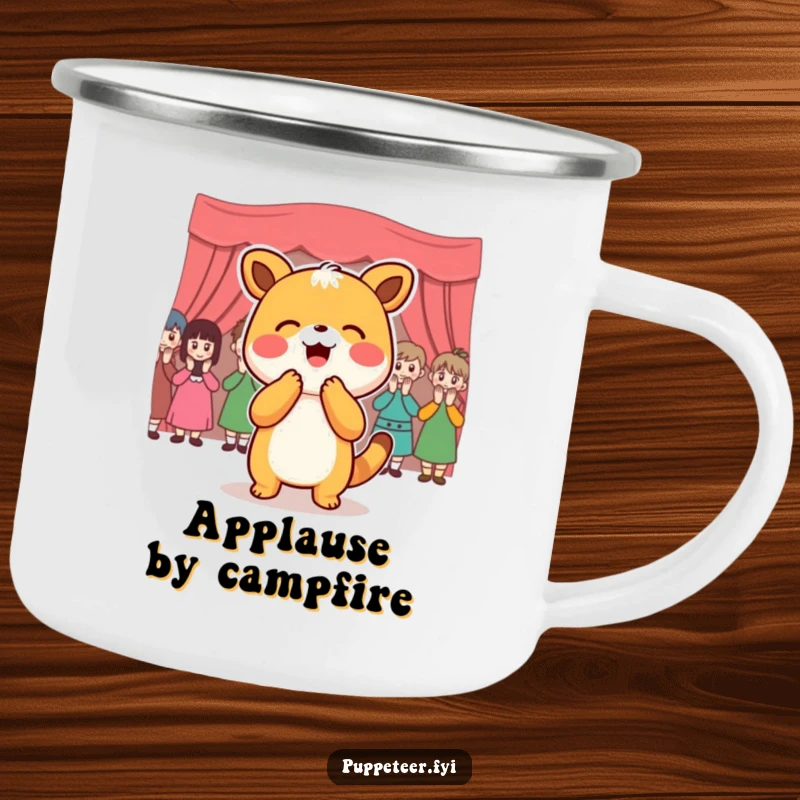 Funny Camping Mug: Joyful animal character bowing to an applauding puppet audience, perfect for outdoor celebrations.