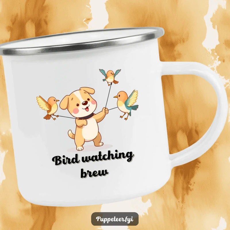 Funny camping mug showing a playful dog character pulling strings to make bird puppets flap their wings, for outdoor fun.