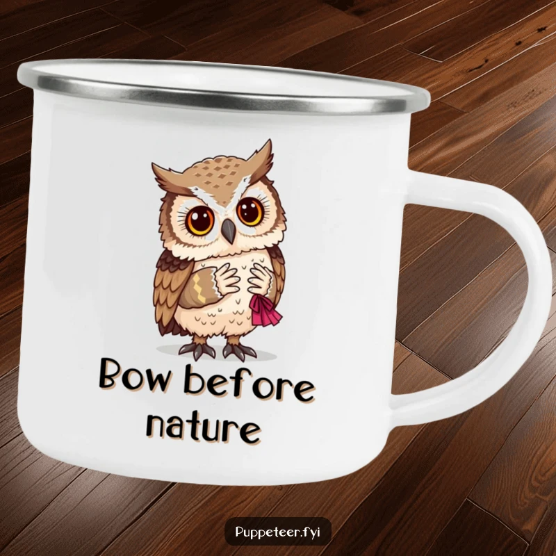 Funny owl watches a small puppet take a bow, perfect for enjoying the outdoors with a touch of humor.