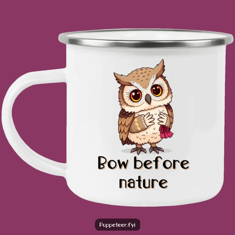 Funny Owl and Puppet Bow Camping Mug: Adventure with Humor