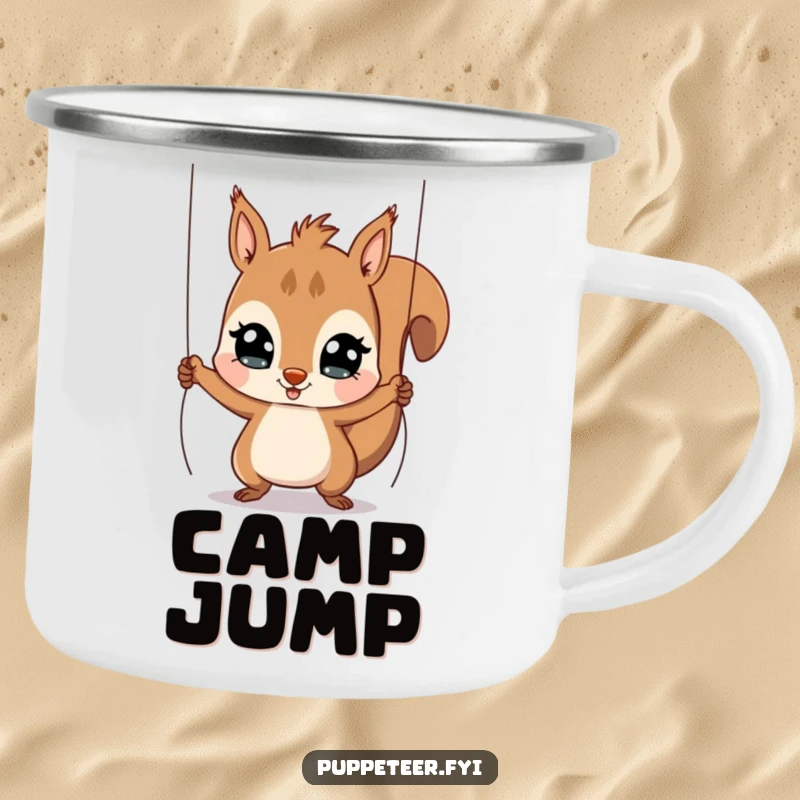 Funny Squirrel Puppet Master Camping Mug featuring a playful squirrel manipulating strings for a jumping puppet, a humorous outdoor gift.