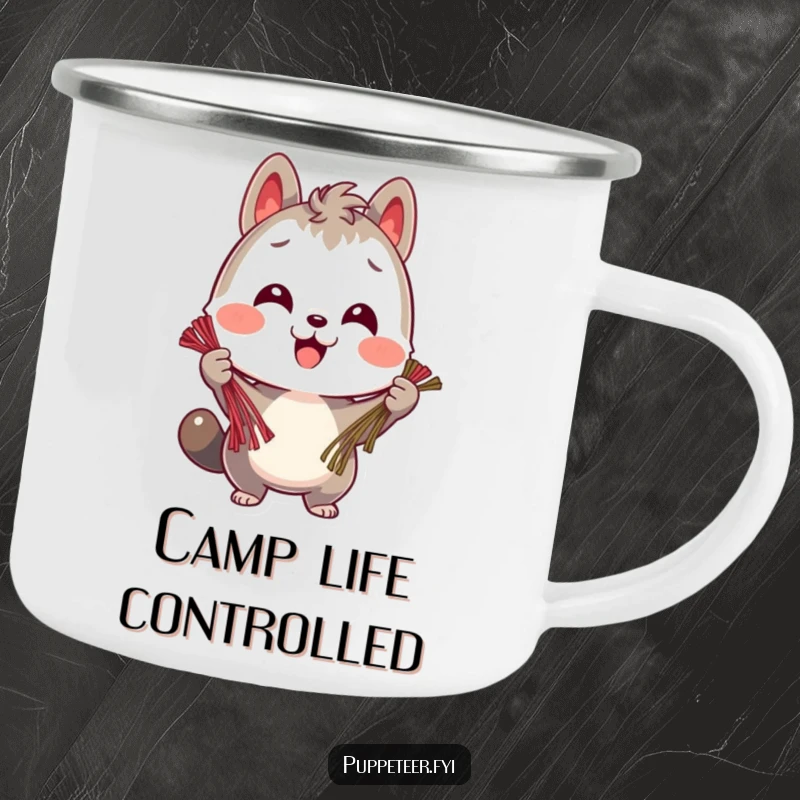 Funny camping mug featuring a cheerful animal character holding multiple strings, perfect for enjoying drinks outdoors while staying organized.