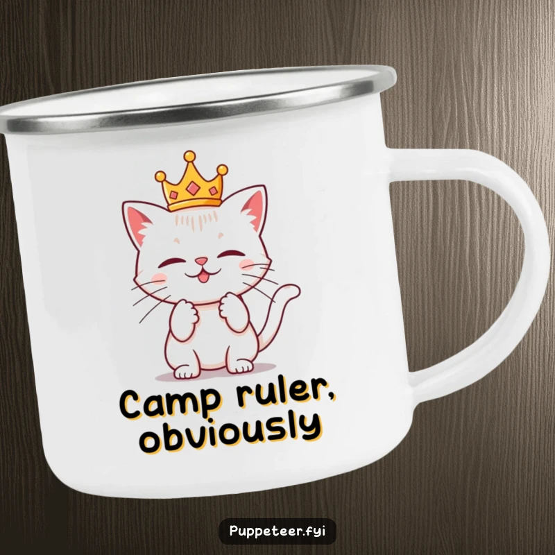 Funny camping mug with a mischievous cat in a tiny crown, pulling on invisible strings, ready for outdoor commands and laughter.
