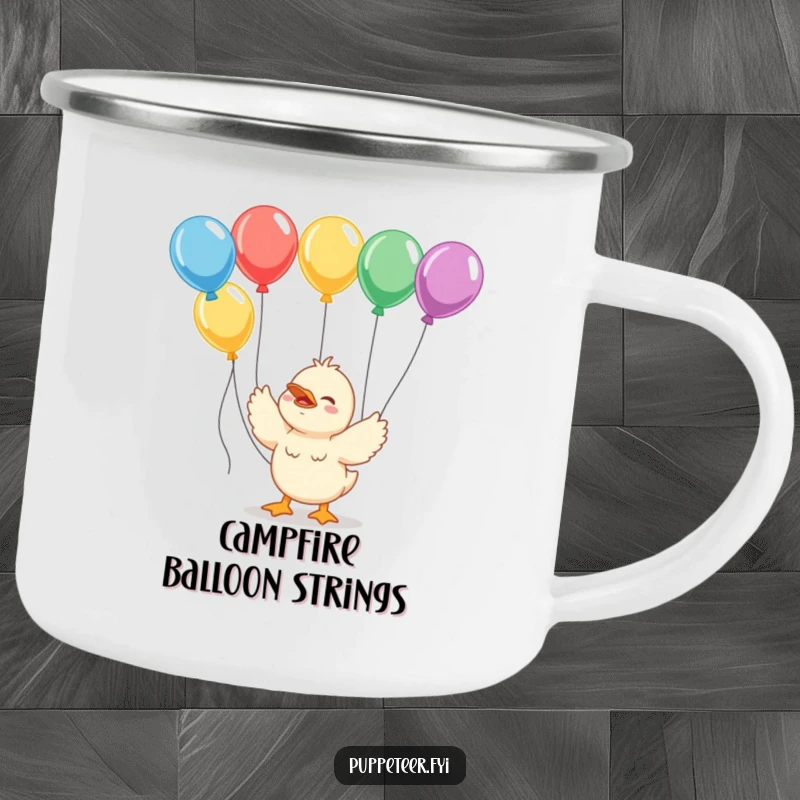Funny giggling duckling camping mug with strings connected to colorful balloons, for cheerful outdoor fun.