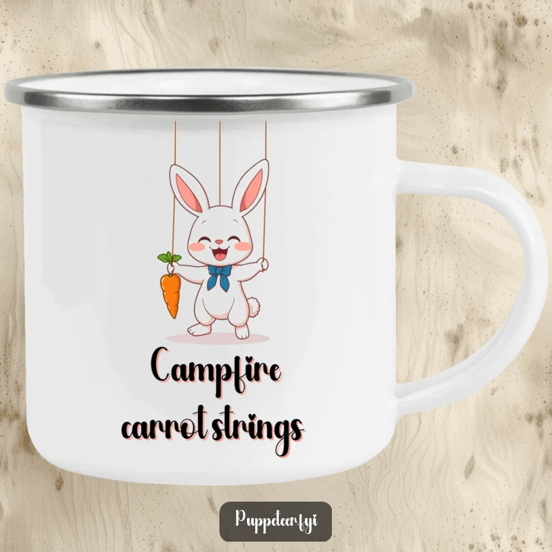 Funny bunny puppet master camping mug with a cute rabbit puppet master making a carrot dance on a string, for rugged fun.