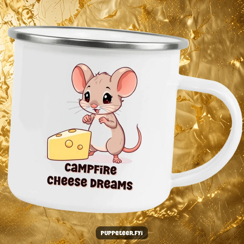 Funny Mouse Camping Mug showing a determined mouse guiding a cheese-shaped puppet, perfect for enjoying drinks outdoors with purpose.