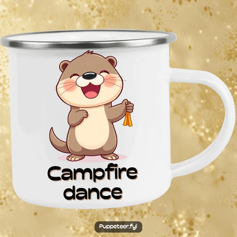 Funny Otter Puppet Dancer Camping Mug with a cheerful otter joyfully making a puppet dance, a humorous outdoor gift.