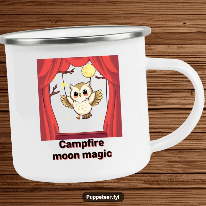 Funny camping mug showing a happy owl puppet master making a moon puppet fly, ideal for adventurers who love whimsical designs.