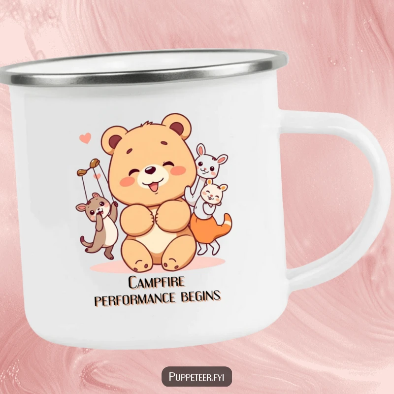 Funny bear cub camping mug showing a cheerful bear cub bowing with its happy, dancing animal puppets, ideal for fun outdoor moments.