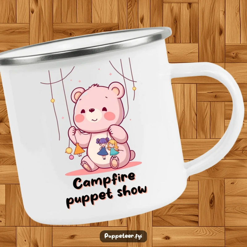 Funny kawaii bear happily manipulating strings attached to tiny dancing puppets on an enamel camping mug, ideal for a funny gift.