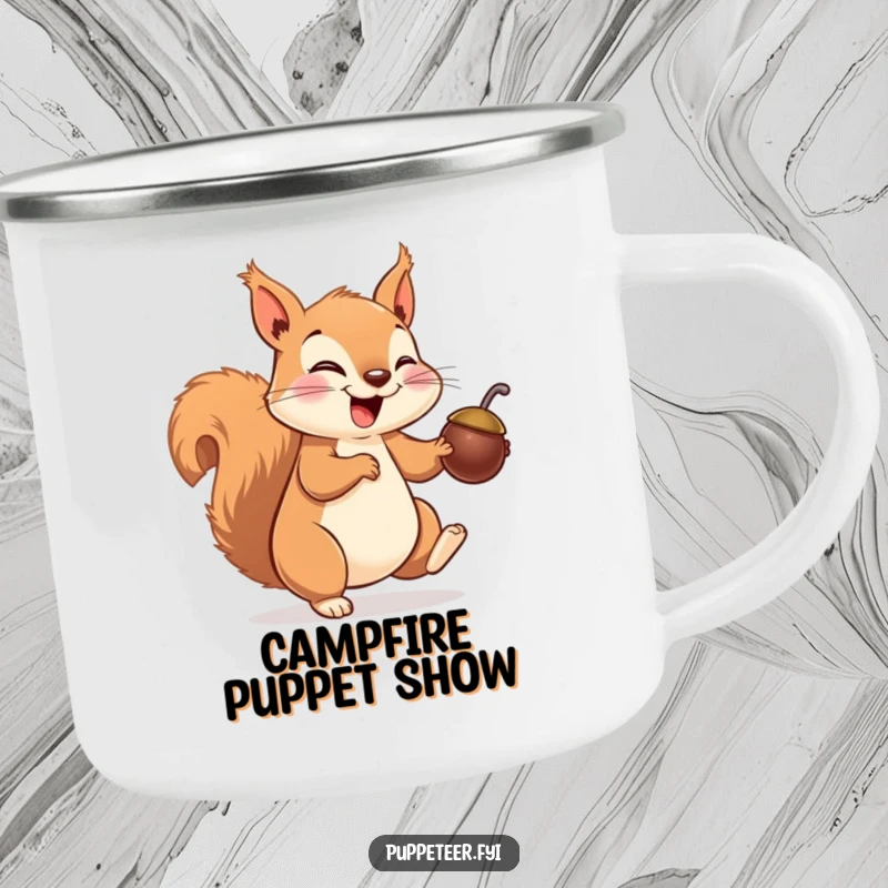 Funny squirrel camping mug with a giggling squirrel making a nut puppet hop, ideal for outdoor trips and whimsical moments.