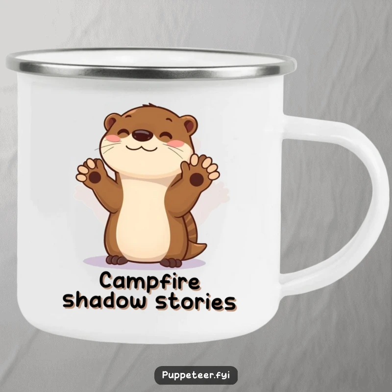 Funny camping mug with an otter creating shadow puppets, sturdy and humorous for all your outdoor adventures.