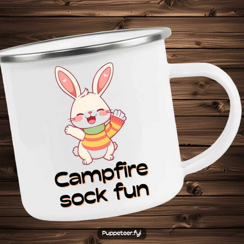 Funny Camping Mug featuring a giggling rabbit and a waving sock puppet, perfect for outdoor fun and cheerful enjoyment.