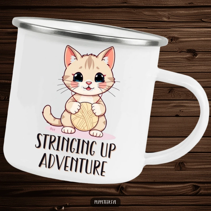 Funny Cat Camping Mug: Mischievous cat puppeteer controls a yarn ball puppet with strings, designed for outdoor fun and humor.
