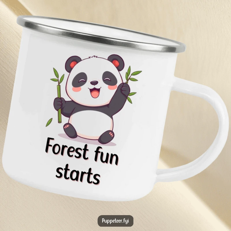 Funny Panda Camping Mug showing a playful panda with a bamboo stalk puppet, perfect for enjoying drinks outdoors with a smile.