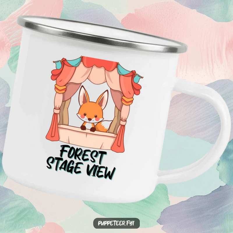 Funny playful fox peeking from behind a large, whimsical puppet stage, enamel camping mug, perfect for enjoying drinks outdoors with flair.