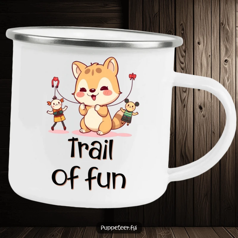 Funny camping mug featuring a cute animal character controlling strings for dancing toys, perfect for enjoying drinks outdoors with playful spirit.