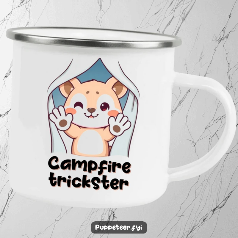 Funny Camping Mug: Mischievous animal character hiding behind a curtain, waving puppet hands, ready for outdoor fun.