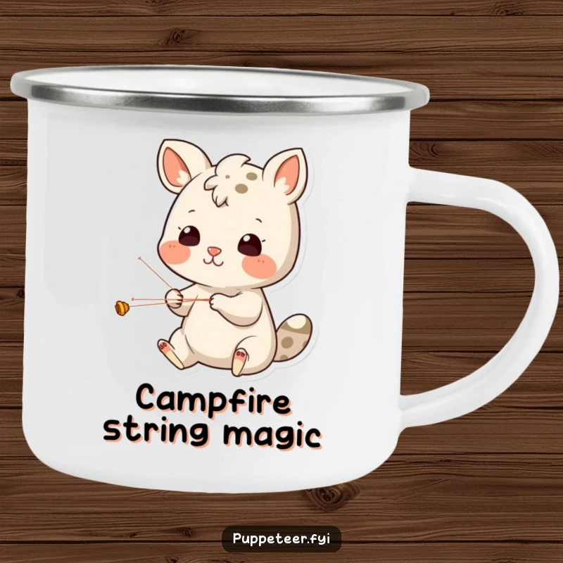 Funny Camping Mug: Cheerful animal character concentrating on puppet strings, perfect for outdoor fun and a humorous touch.