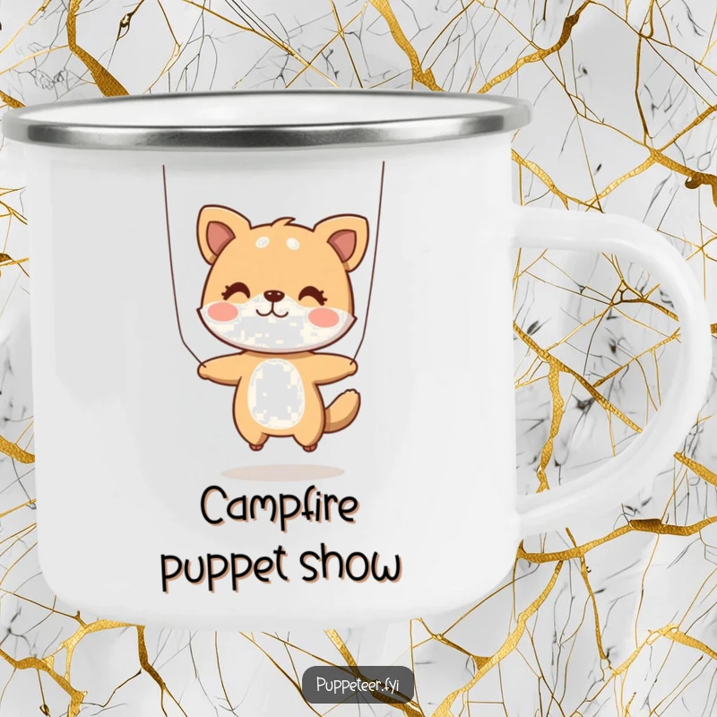 Funny Camping Mug: A durable mug showing a playful animal character using strings to make a puppet jump, ideal for outdoor amusement.