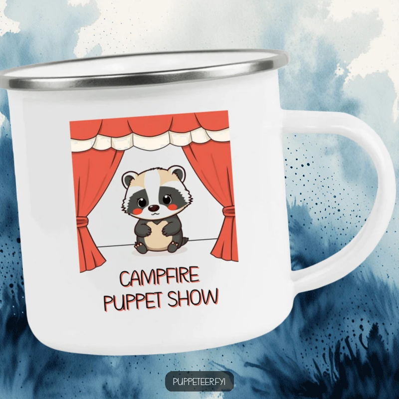 Funny camping mug with a focused badger running a puppet show stage, perfect for outdoor creativity.