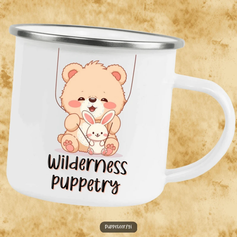 Funny fluffy bear cub joyfully manipulating strings of a smaller, smiling bunny puppet, enamel camping mug, perfect for outdoor enjoyment.