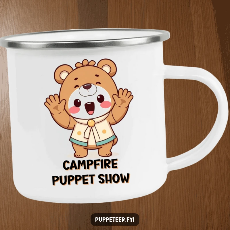 Funny bear puppet master camping mug with a cheerful bear waving hands, making a tiny puppet dance, perfect for outdoor brews.