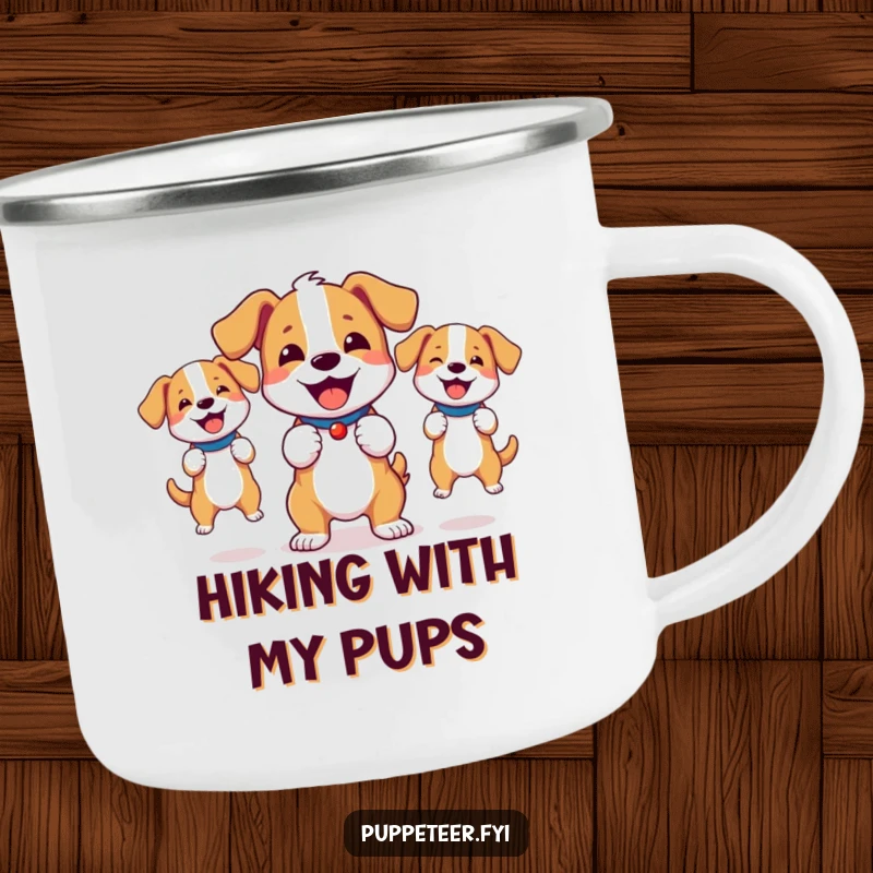 Funny camping mug with a bouncy dog joyfully controlling energetic dog puppets, perfect for outdoor play.